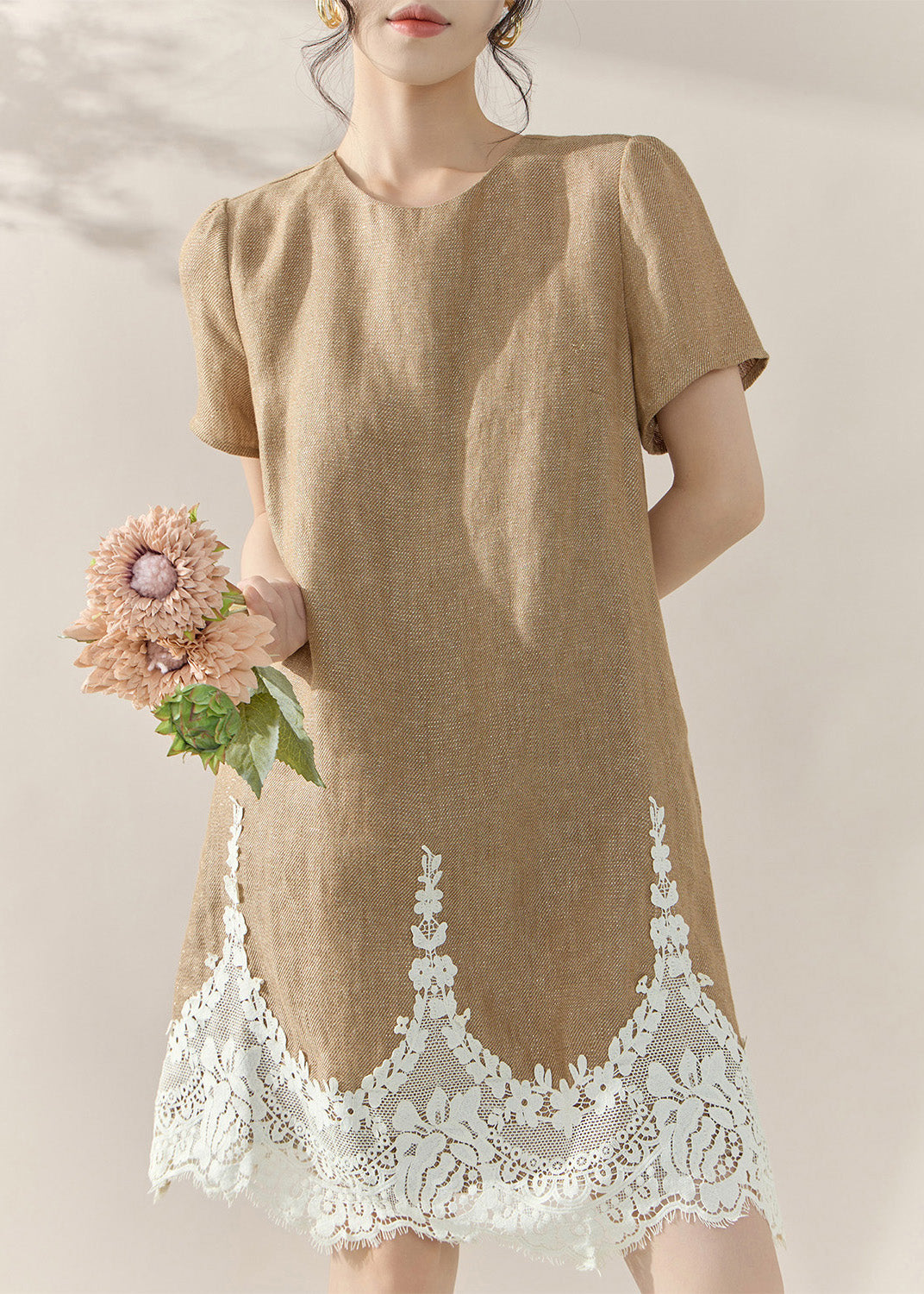 Crew Neck Lace Panel Scalloped Hem Linen Mini Shift Dress
