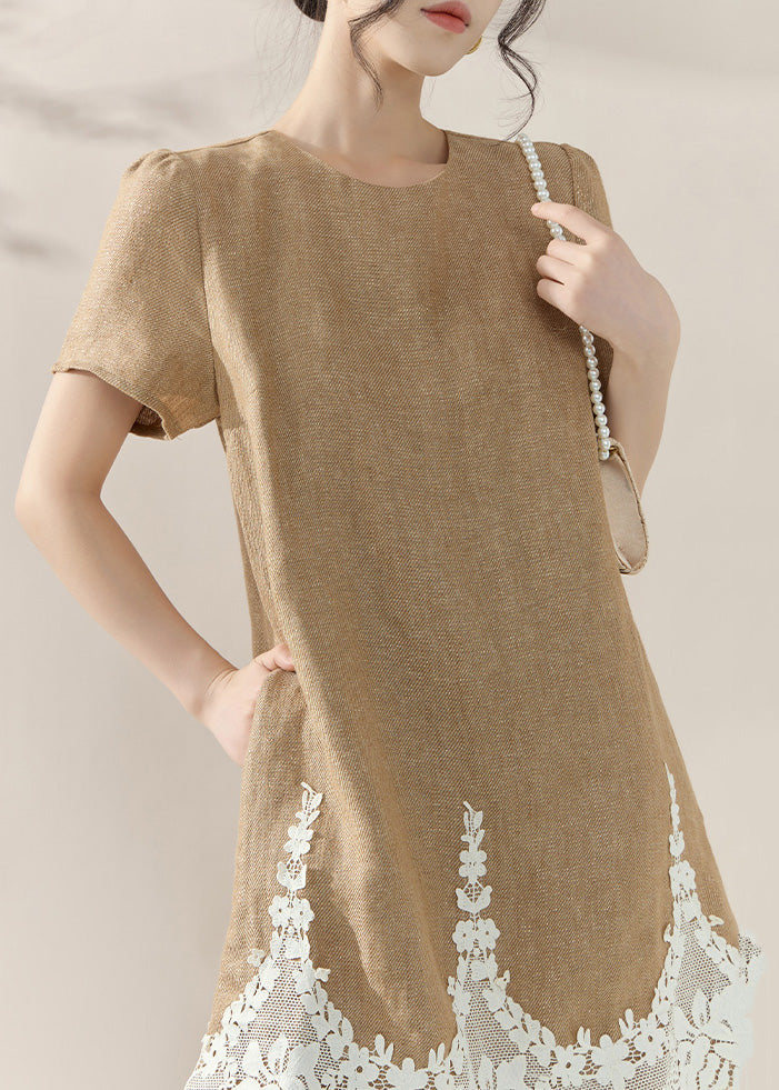 Crew Neck Lace Panel Scalloped Hem Linen Mini Shift Dress