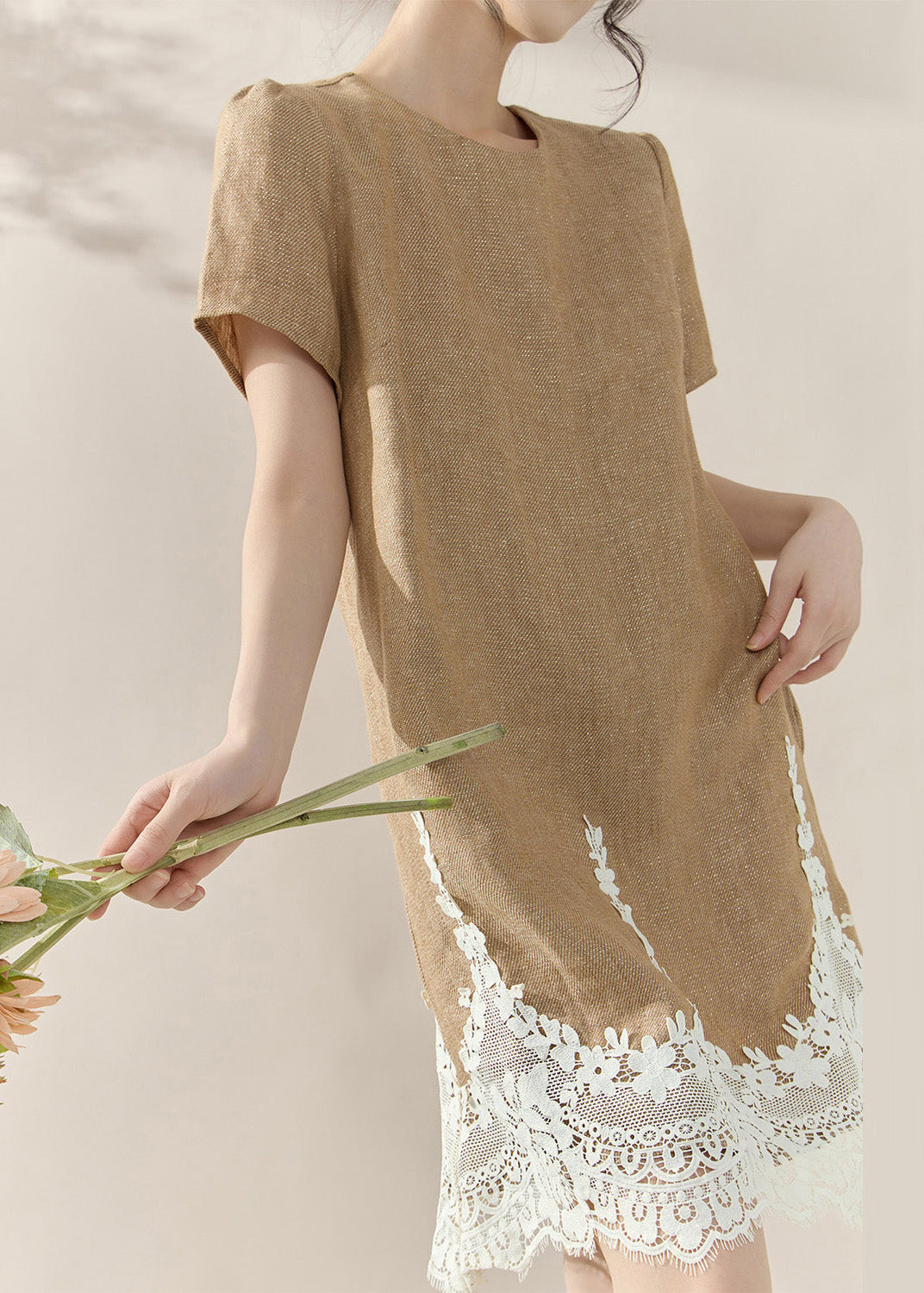 Crew Neck Lace Panel Scalloped Hem Linen Mini Shift Dress