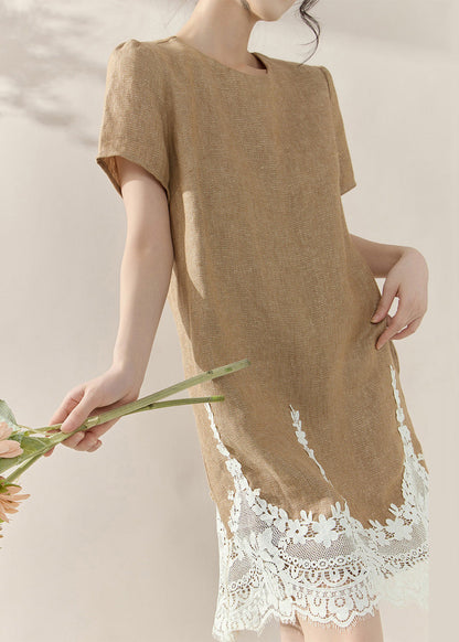 Crew Neck Lace Panel Scalloped Hem Linen Mini Shift Dress