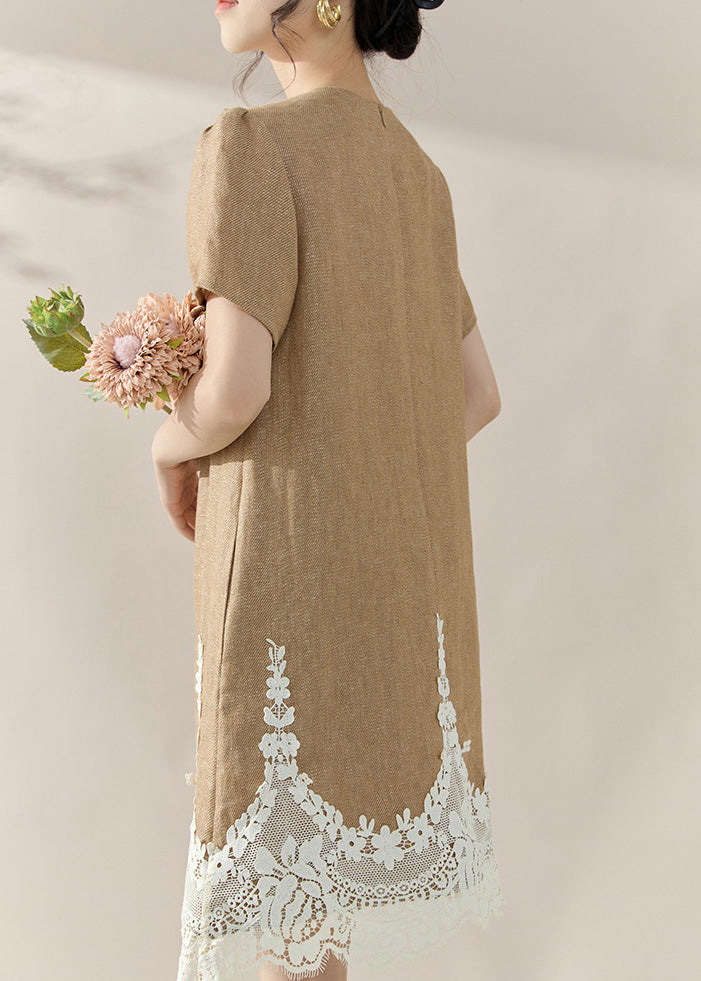 Crew Neck Lace Panel Scalloped Hem Linen Mini Shift Dress