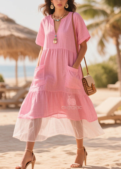 V-Neck Patch Pocket Tiered Tulle Hem Linen Midi Dress