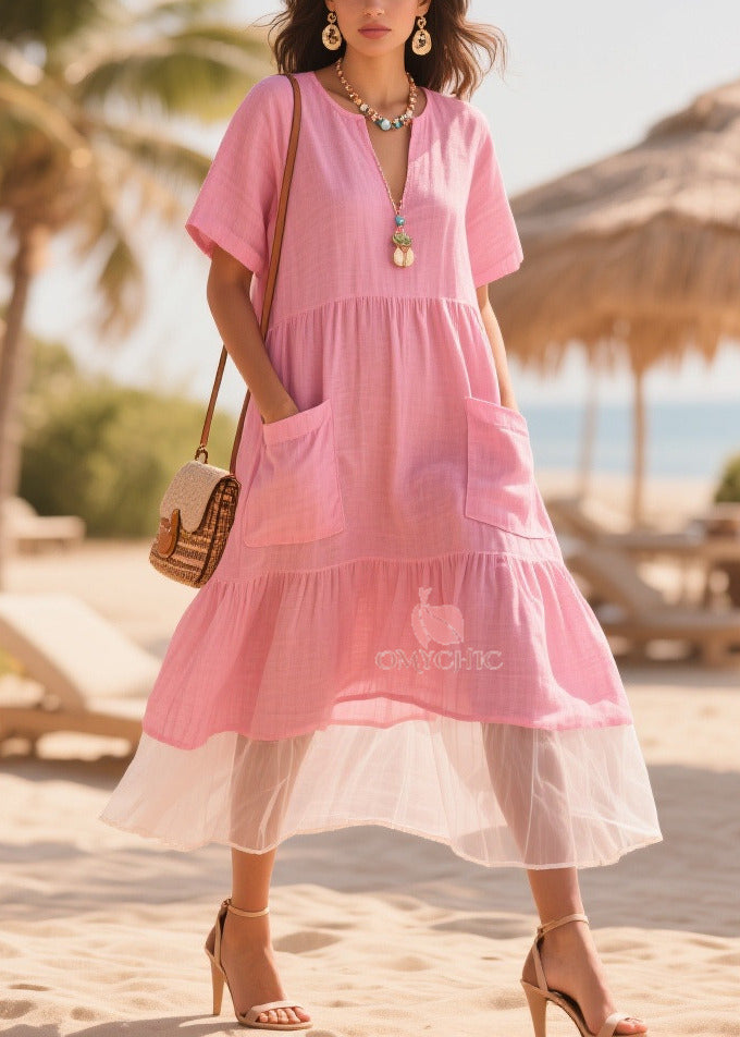 V-Neck Patch Pocket Tiered Tulle Hem Linen Midi Dress