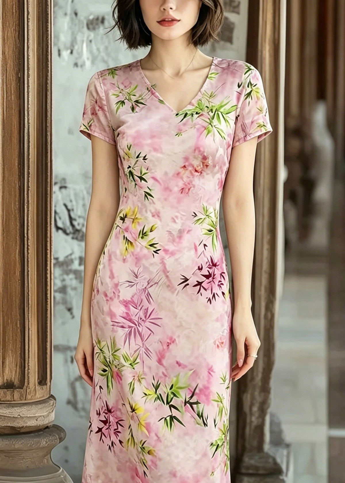 V-Neck Cap Sleeve Slim Fit Bamboo Floral Print Cheongsam Midi Dress