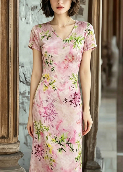 V-Neck Cap Sleeve Slim Fit Bamboo Floral Print Cheongsam Midi Dress