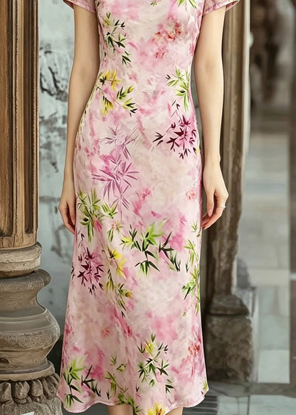 V-Neck Cap Sleeve Slim Fit Bamboo Floral Print Cheongsam Midi Dress