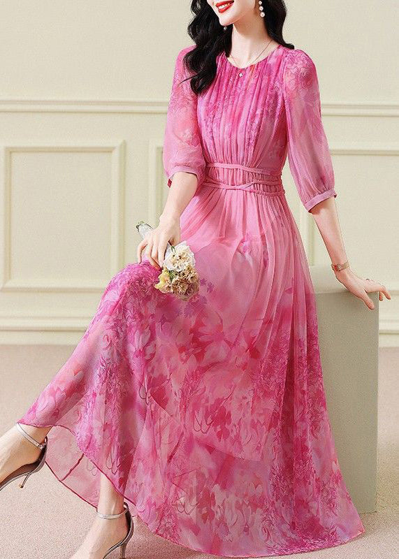 Crew Neck Three Quarter Sleeve Tie Waist Abstract Floral Chiffon Maxi Dress