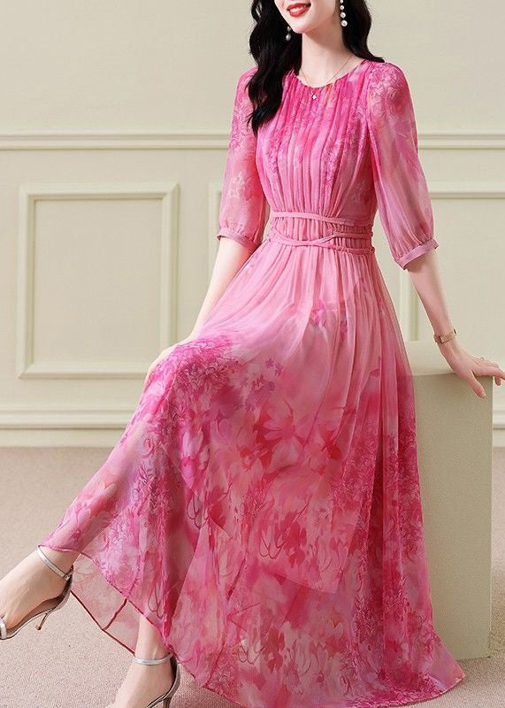 Crew Neck Three Quarter Sleeve Tie Waist Abstract Floral Chiffon Maxi Dress