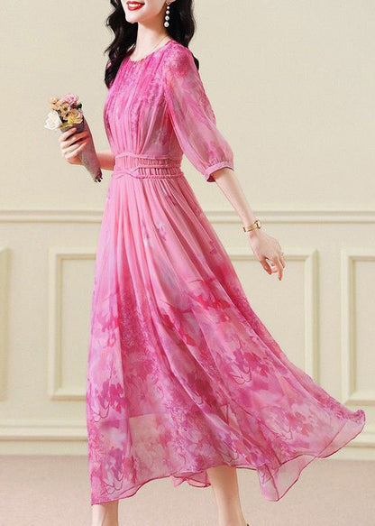 Crew Neck Three Quarter Sleeve Tie Waist Abstract Floral Chiffon Maxi Dress