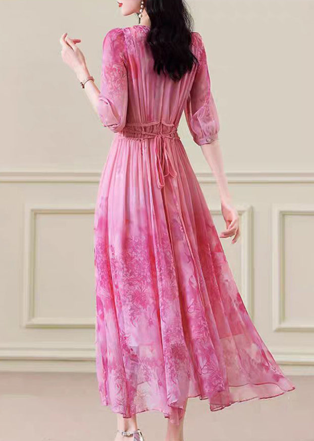 Crew Neck Three Quarter Sleeve Tie Waist Abstract Floral Chiffon Maxi Dress