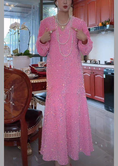 V-Neck Long Sleeve Sequin Embellished Relaxed Maxi Dress