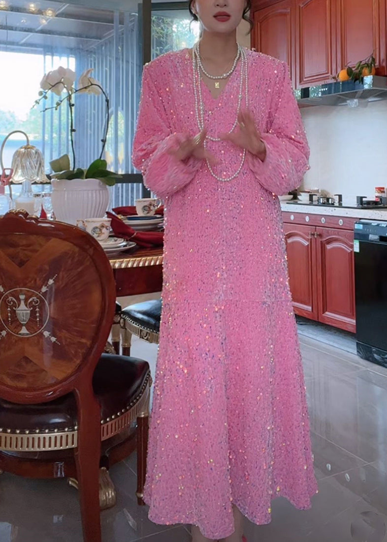V-Neck Long Sleeve Sequin Embellished Relaxed Maxi Dress