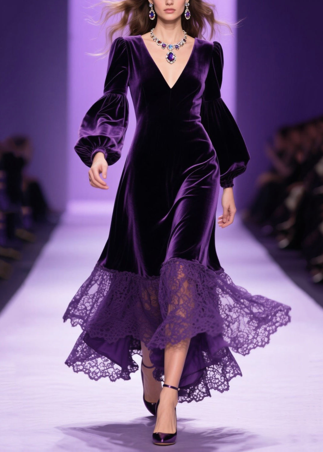 Deep V-Neck Bishop Sleeve Velvet Tiered Lace Ruffle Hem Dress