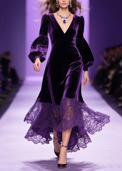 Deep V-Neck Bishop Sleeve Velvet Tiered Lace Ruffle Hem Dress