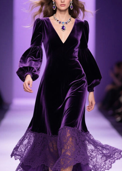 Deep V-Neck Bishop Sleeve Velvet Tiered Lace Ruffle Hem Dress