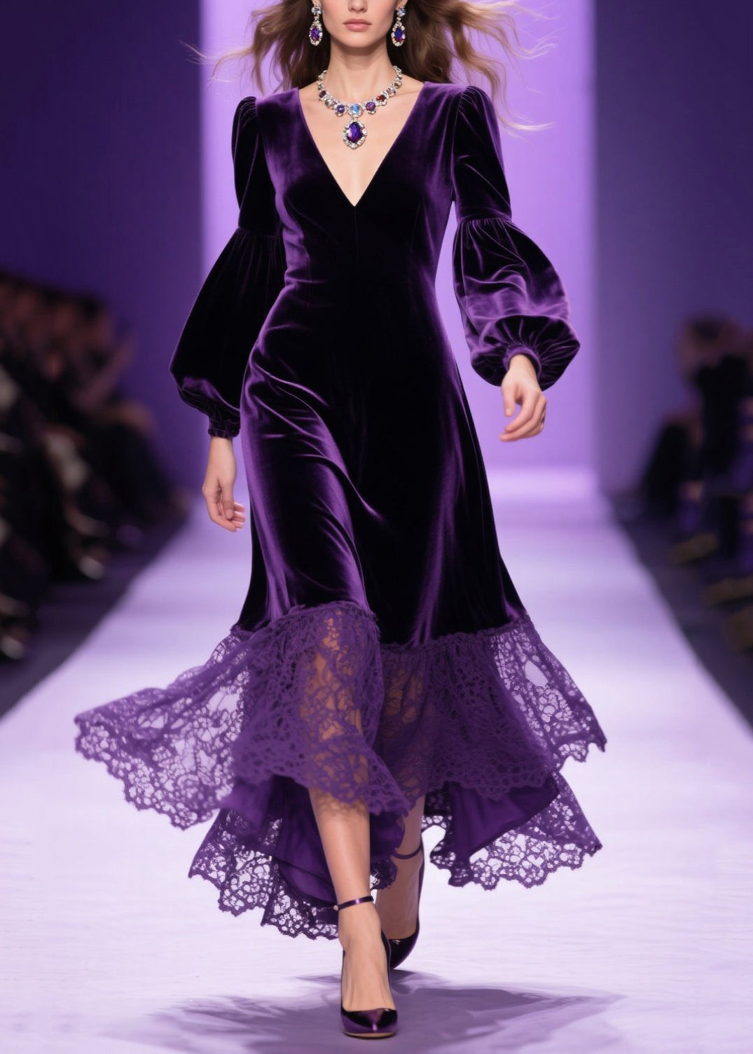Deep V-Neck Bishop Sleeve Velvet Tiered Lace Ruffle Hem Dress