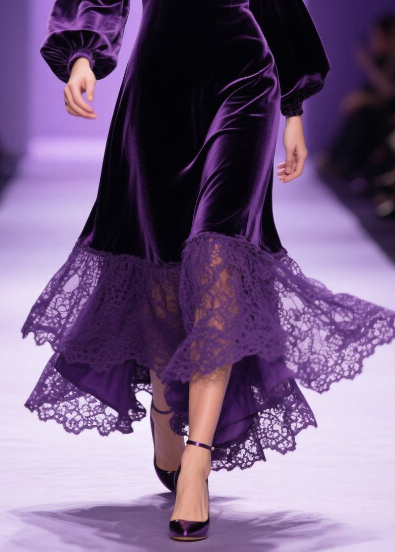Deep V-Neck Bishop Sleeve Velvet Tiered Lace Ruffle Hem Dress