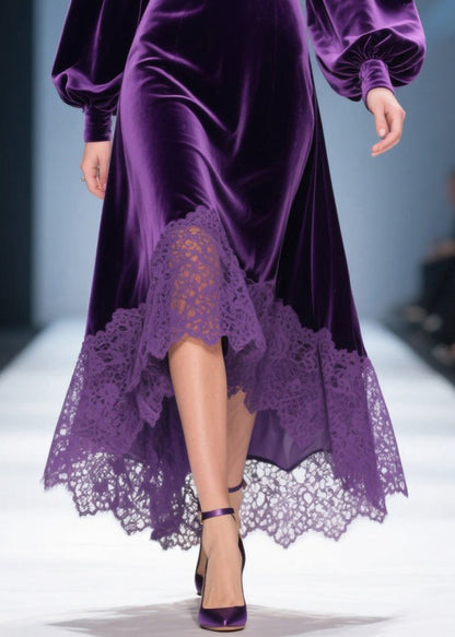 Deep V-Neck Bishop Sleeve Velvet Asymmetrical Lace Trim Midi Dress