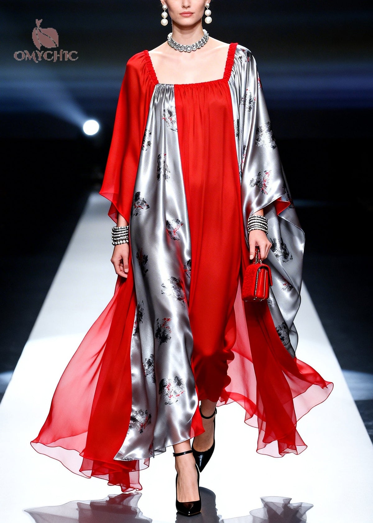 Square Neck Abstract Print Satin Cape Sleeve Tiered Maxi Dress