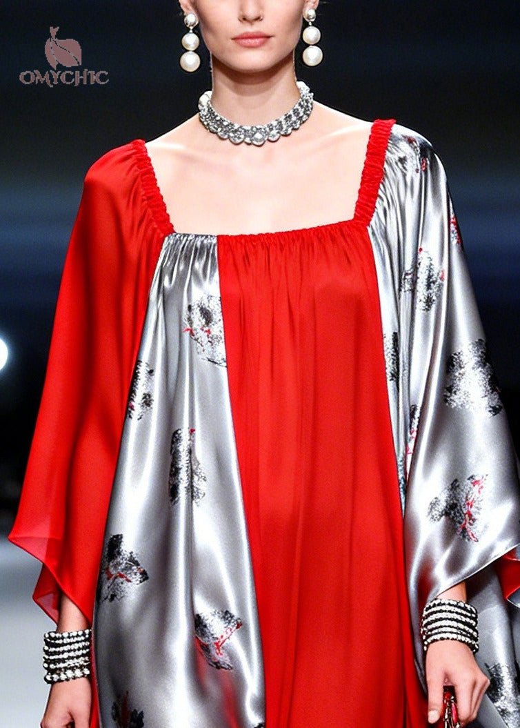 Square Neck Abstract Print Satin Cape Sleeve Tiered Maxi Dress