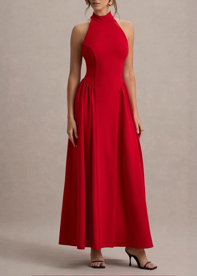 Mock Neck Halter Princess Seam Gathered Side Panel Floor-Length Gown