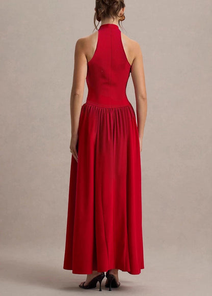 Mock Neck Halter Princess Seam Gathered Side Panel Floor-Length Gown