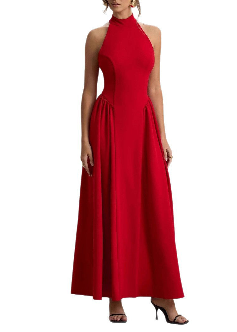Mock Neck Halter Princess Seam Gathered Side Panel Floor-Length Gown