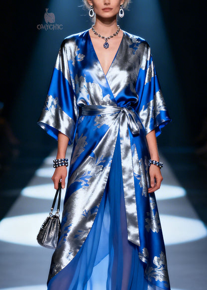 Floral Jacquard Wrap Gown with Kimono Sleeves and Sheer Layered Hem