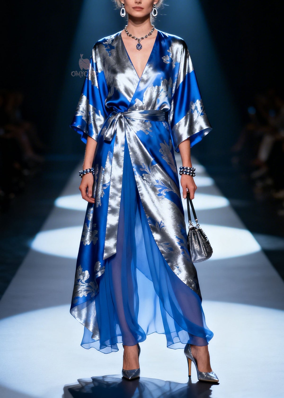 Floral Jacquard Wrap Gown with Kimono Sleeves and Sheer Layered Hem