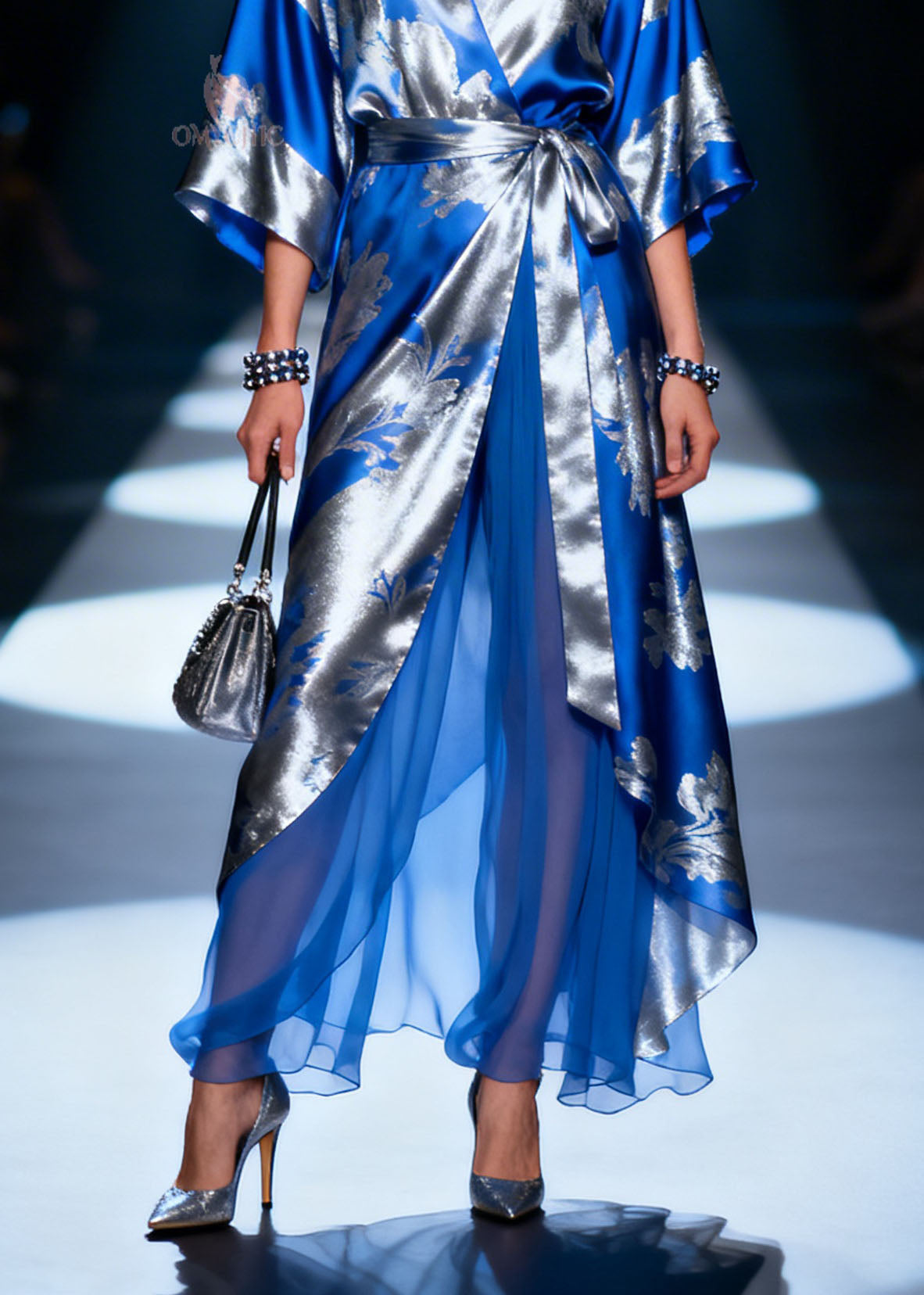 Floral Jacquard Wrap Gown with Kimono Sleeves and Sheer Layered Hem