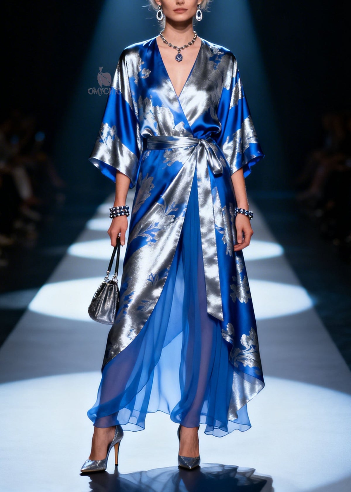 Floral Jacquard Wrap Gown with Kimono Sleeves and Sheer Layered Hem