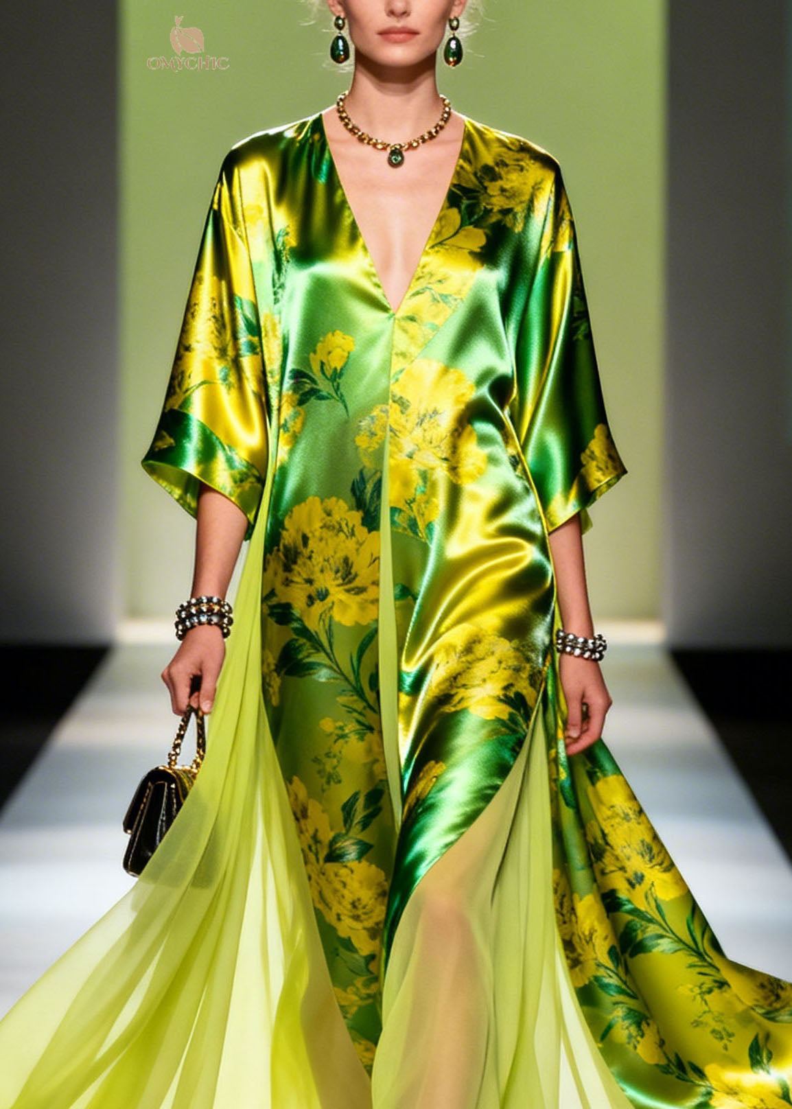 Deep V-Neck Floral Print Satin Sheer Panel Kimono Sleeve Kaftan Maxi Dress