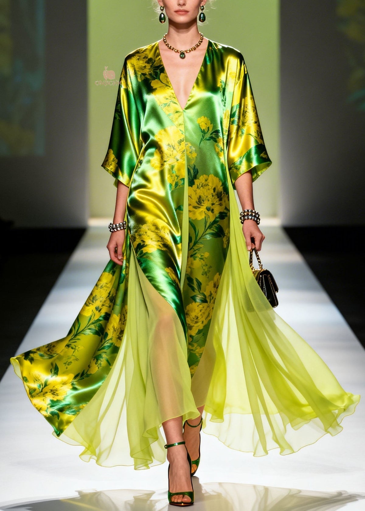 Deep V-Neck Floral Print Satin Sheer Panel Kimono Sleeve Kaftan Maxi Dress