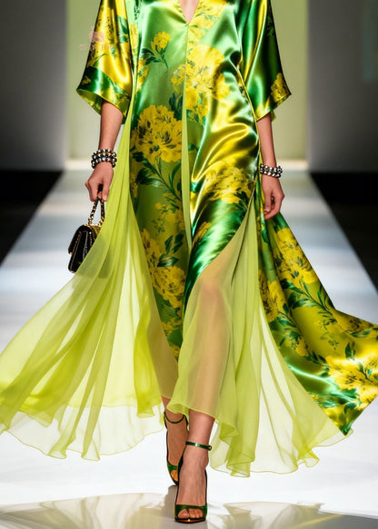 Deep V-Neck Floral Print Satin Sheer Panel Kimono Sleeve Kaftan Maxi Dress