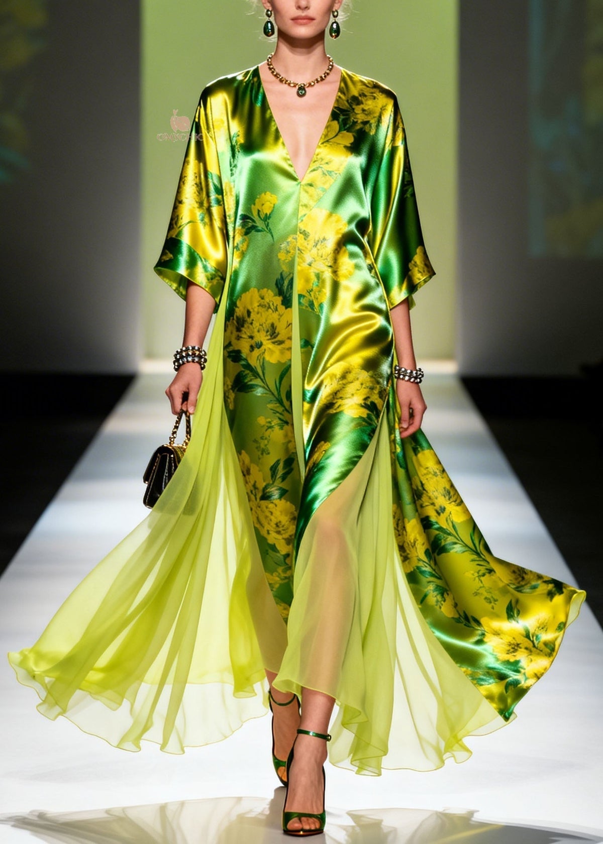 Deep V-Neck Floral Print Satin Sheer Panel Kimono Sleeve Kaftan Maxi Dress