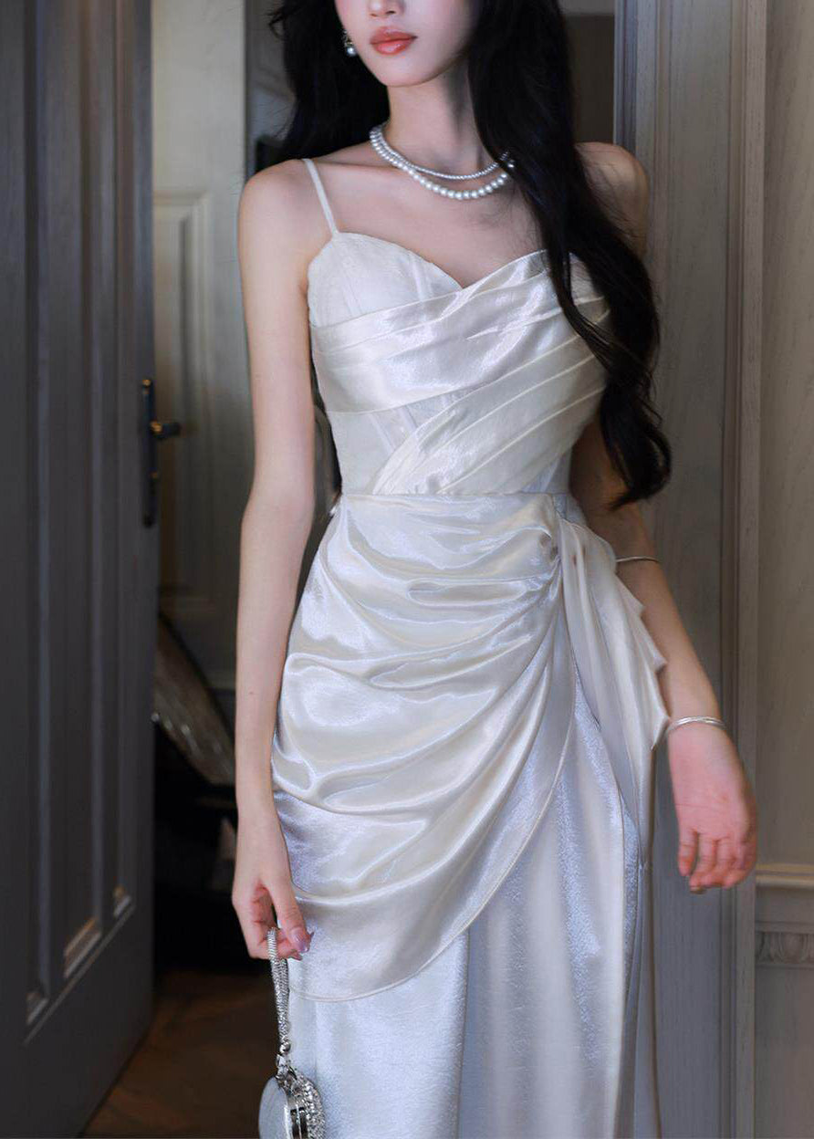 Ruched Draped Waist Spaghetti Strap Satin Maxi Gown