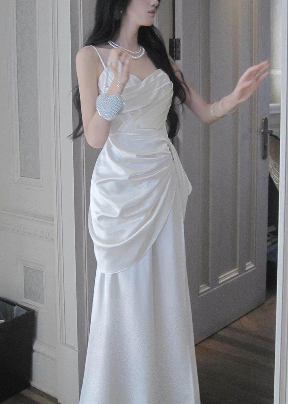 Ruched Draped Waist Spaghetti Strap Satin Maxi Gown