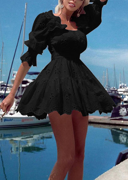 Square Neck Puff Sleeve Smocked Cuff Eyelet Lace Tiered Mini Dress
