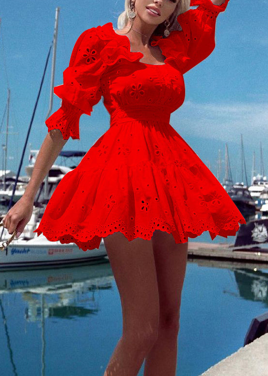 Square Neck Puff Sleeve Smocked Cuff Eyelet Lace Tiered Mini Dress