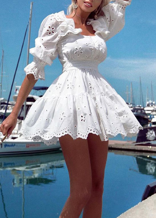 Square Neck Puff Sleeve Smocked Cuff Eyelet Lace Tiered Mini Dress