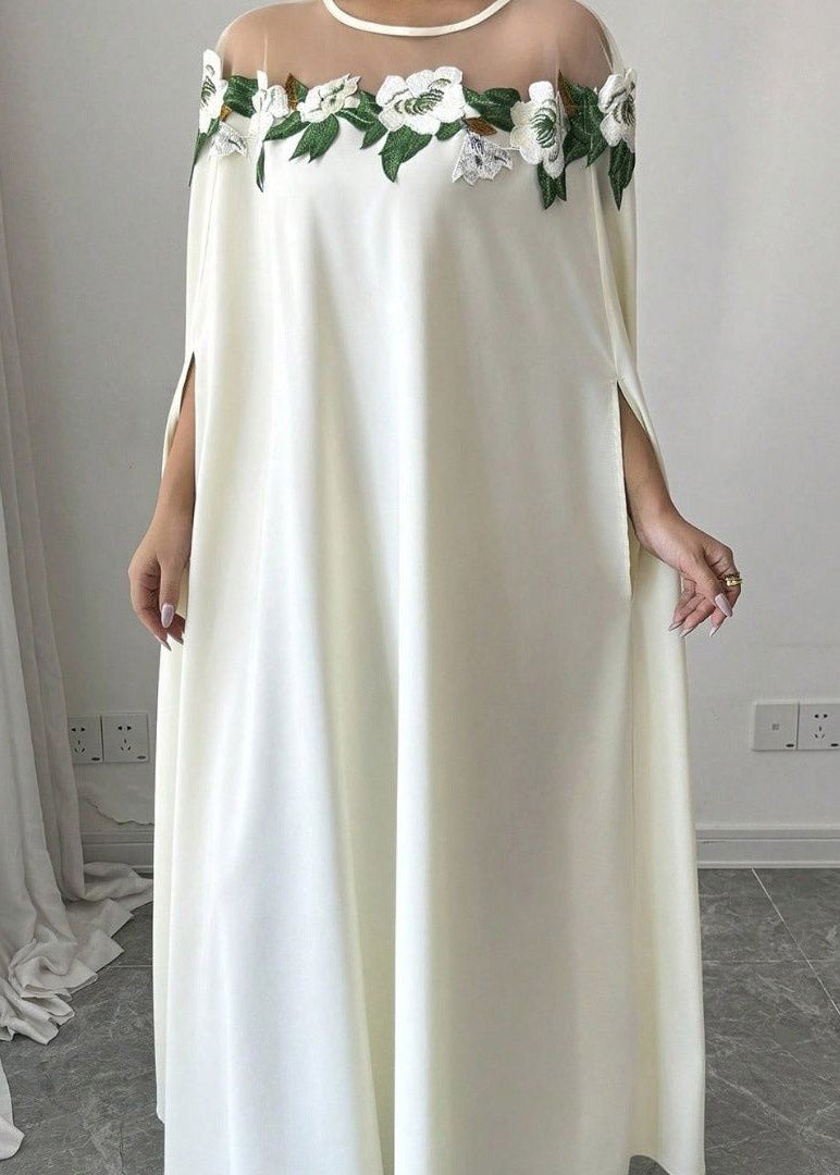 Floral Applique Illusion Mesh Cape Sleeve Floor-Length Gown
