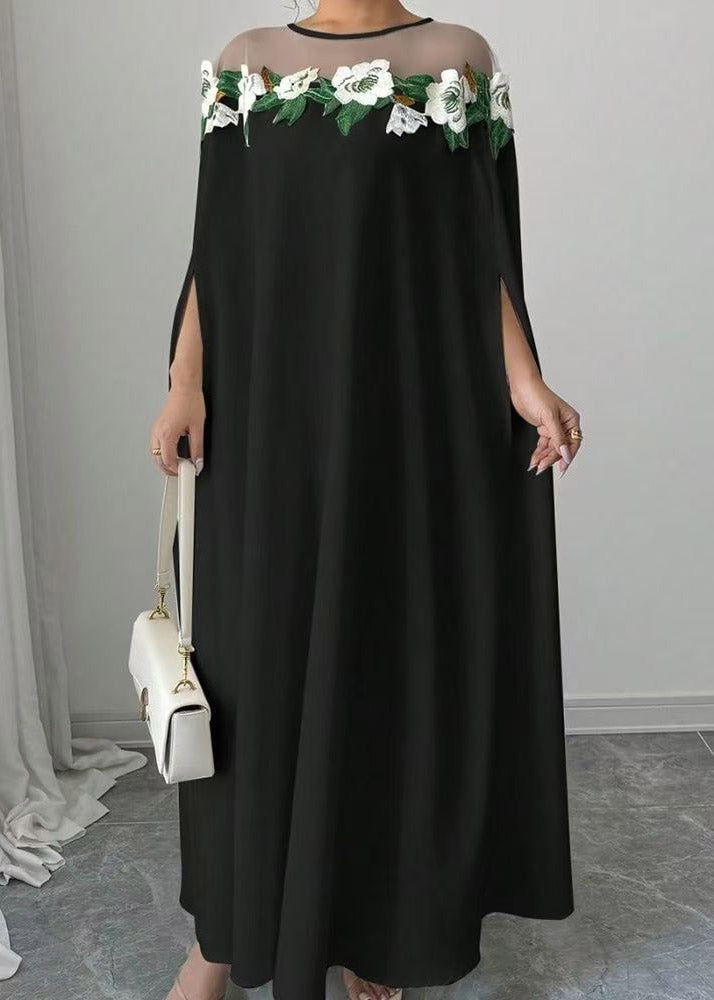 Floral Applique Illusion Mesh Cape Sleeve Floor-Length Gown