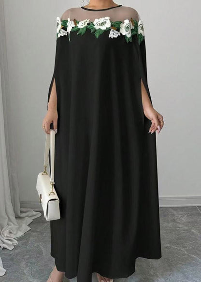 Floral Applique Illusion Mesh Cape Sleeve Floor-Length Gown