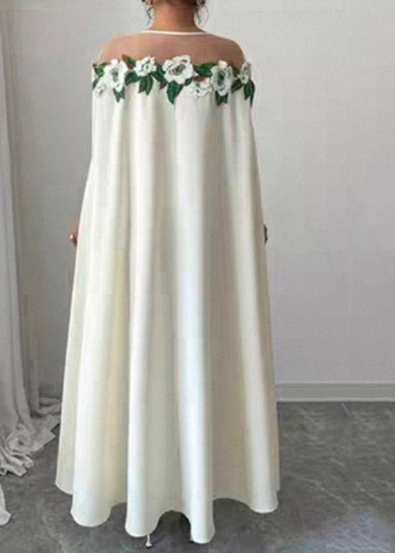 Floral Applique Illusion Mesh Cape Sleeve Floor-Length Gown