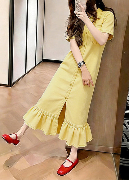 Collared Button Front Ruffle Hem Denim Shirt Midi Dress