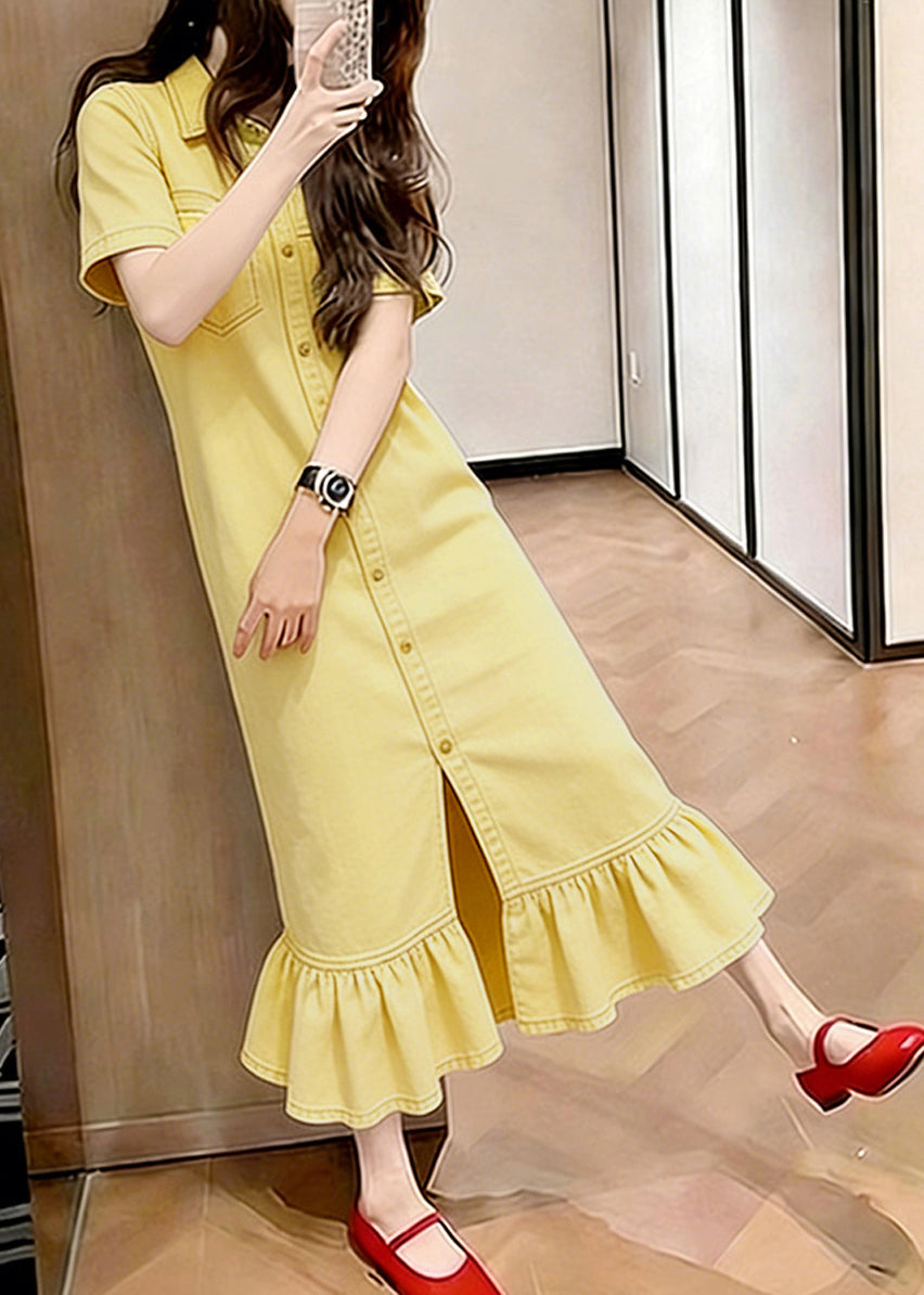 Collared Button Front Ruffle Hem Denim Shirt Midi Dress