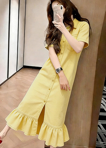 Collared Button Front Ruffle Hem Denim Shirt Midi Dress