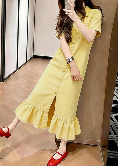 Collared Button Front Ruffle Hem Denim Shirt Midi Dress