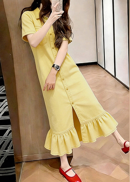 Collared Button Front Ruffle Hem Denim Shirt Midi Dress