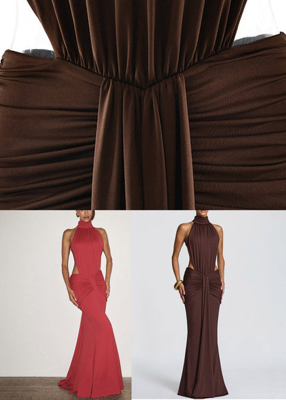 Halter Turtleneck Side Cutout Ruched Drape Panel Column Maxi Dress
